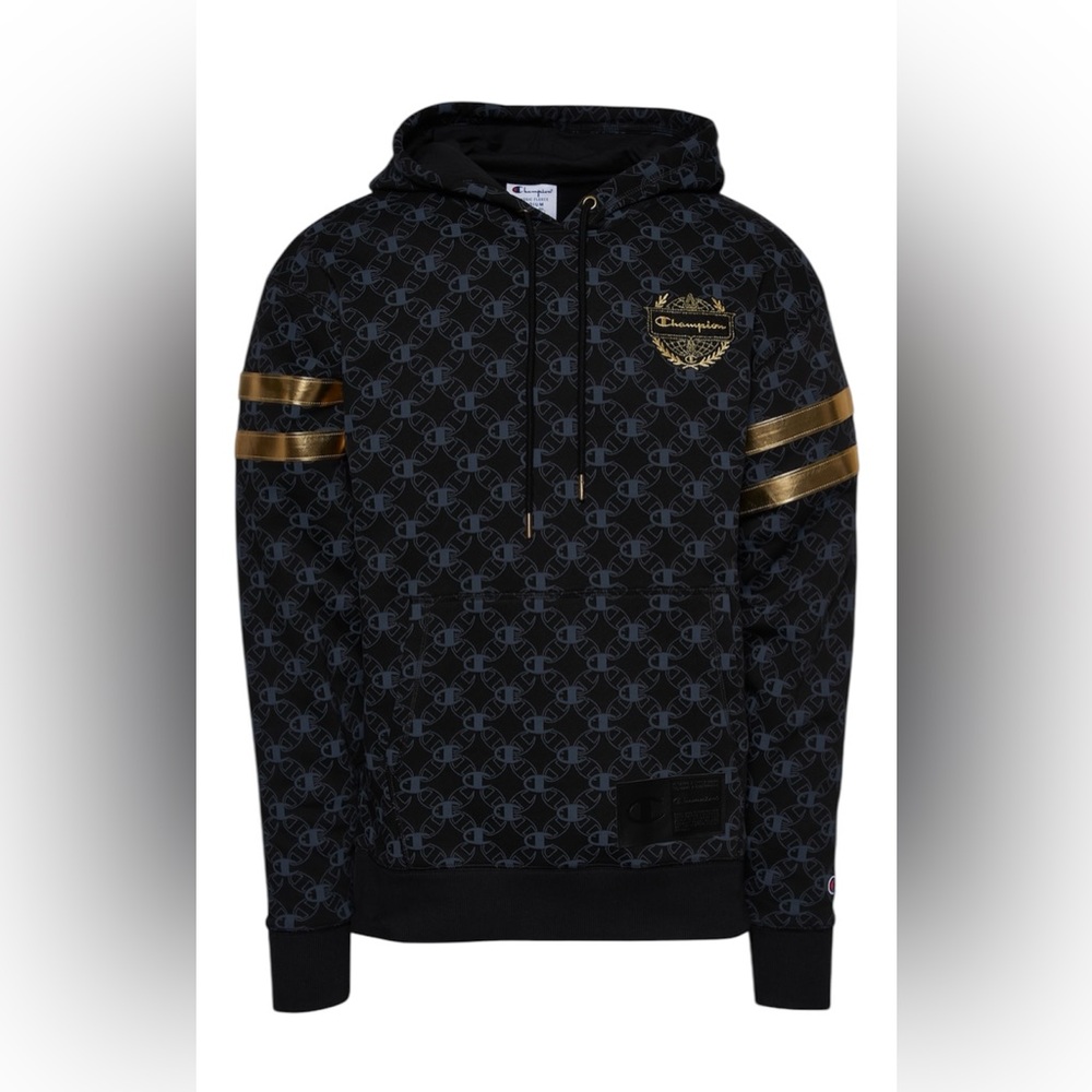 Mens Champion All Over Black and Gold Logo Print Classic Fit Fleece Hoodie